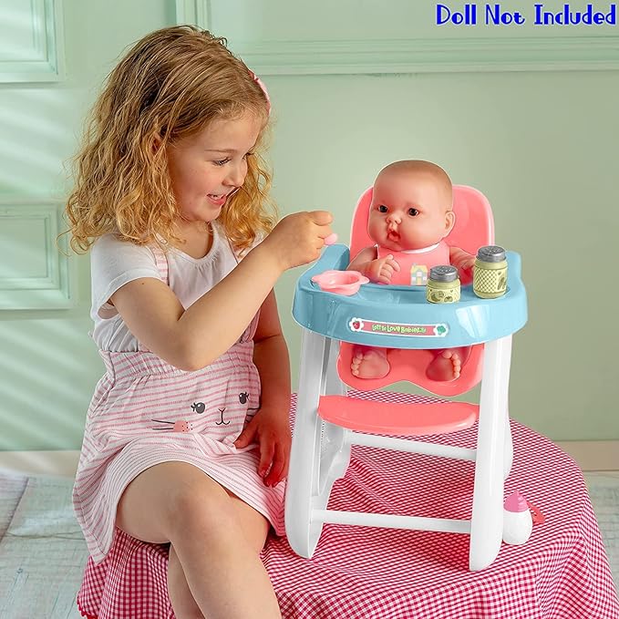 JC Toys - Doll High Chair | Fits Dolls up to 17" | Easy to Clean | Simple Assembly | 7 Piece Play Set| Ages 2+, Pink/Blue