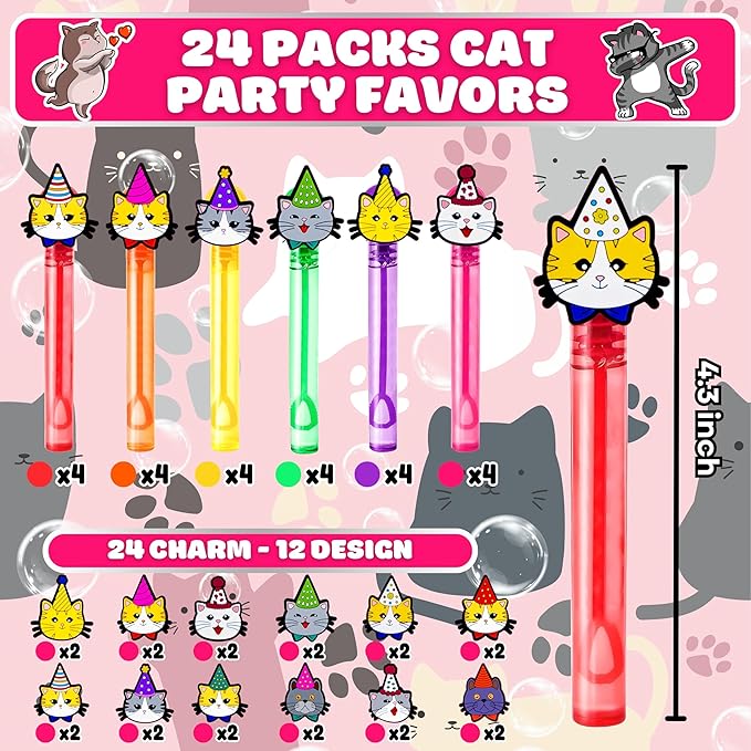 Cat Party Favors for Kids – 24PCS Cute Kitten Bubble Wands, Great for Birthday Supplies, Pinata Fillers, Goodie Bags & Classroom Rewards