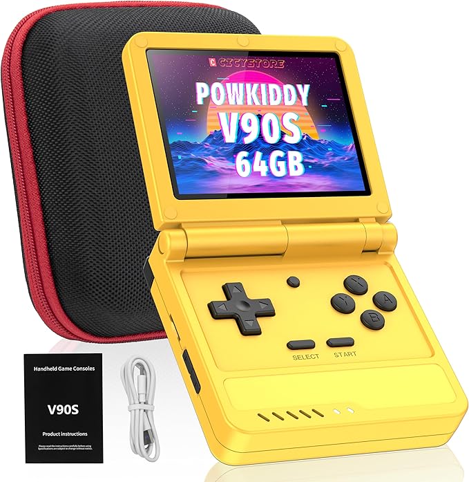 Powkiddy V90S Retro Handheld Console - 10,000+ Preloaded Games, Foldable Clamshell Design, 3.5" IPS Screen, 4-6 Hour Battery, Dual TF Slots (Yellow)
