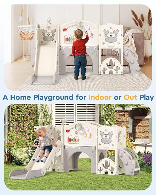 BIERUM Toddler Slide Set with Basketball Hoop, Golf Game & Drawing Board, 13-in-1 Indoor Outdoor Toddler Slides Playground for Kids Ages 1+, Kids Climber Playset for Backyard (Cream&Gray)