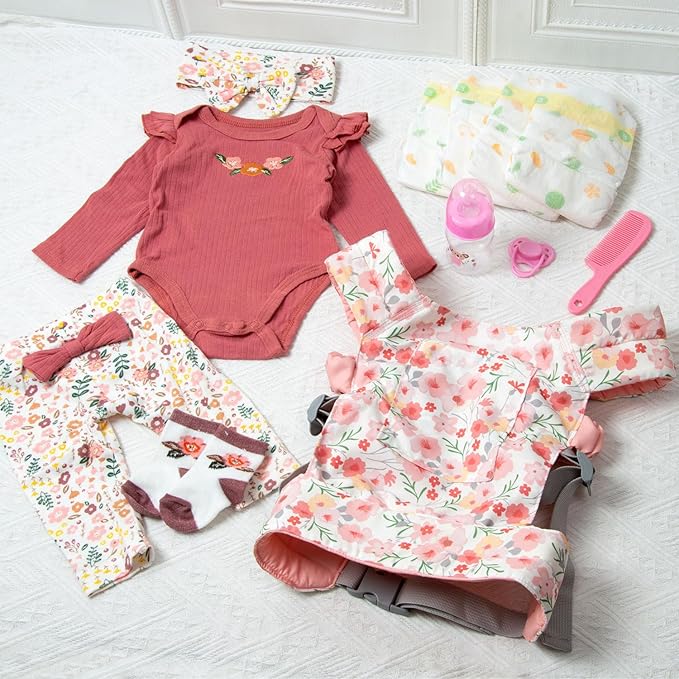 Reborn Baby Doll Clothes 17-20-22 Inch Girl Realistic Outfit Set with Red Romper & Flower Carrier and Soft Diapers 12-Piece Newborn Doll Accessories