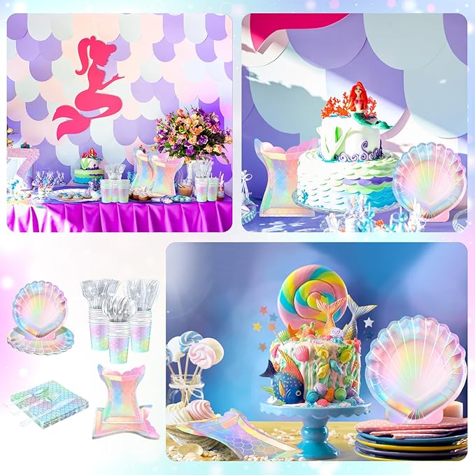 144 Pcs Mermaid Party Supplies Tableware Mermaids Themed Decorations Under the Sea Party Dinnerware Set Includes Plates Napkins Cups Spoons Fork Knives for Baby Shower Birthday Party(Cute Style)