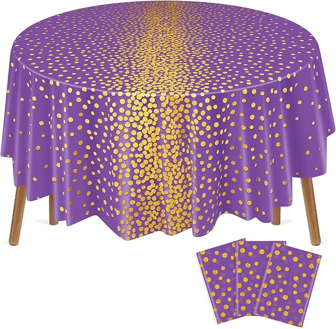 VitalCozy Round Dot Tablecloth 84 Inch Plastic Table Cover Polka Dot Confetti Tablecloths for Easter 2026 Graduation Prom Wedding Birthday Spring Party Supplies(Purple and Gold,3 Pcs)