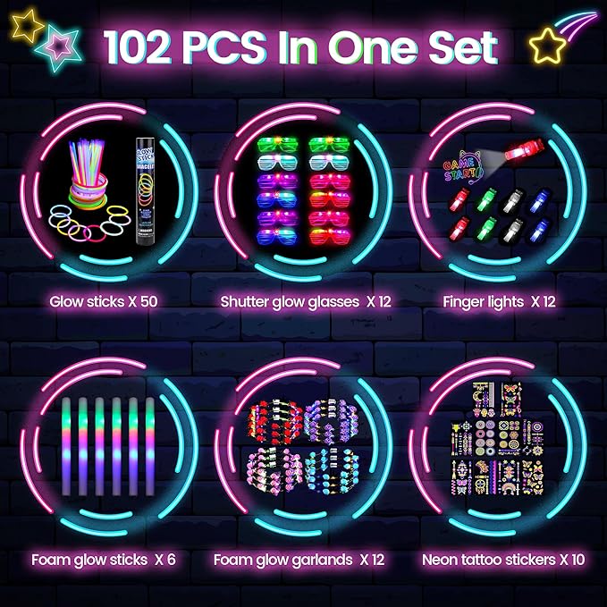 Elcoho 102 Pcs Glow In The Dark Party Supplies LED Light Up Party Favors with Shutter Glasses Garlands Tattoo Stickers Glow Sticks Finger Lights for Birthday Neon Parties Wedding Concert Raves