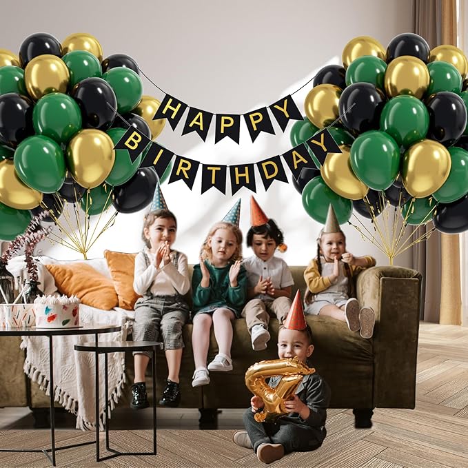 60pcs Green and Black balloons 12inch with Dark Green Metallic Gold Balloons for Jungle Safari Birthday Party Decorations