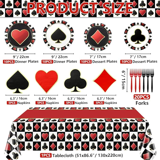 Casino Birthday Party Plates Set for 20 Guests, Including Poker Tablecloth, Napkins, Forks and Plates for Casino Theme Party Decorations Game Night Baby Shower