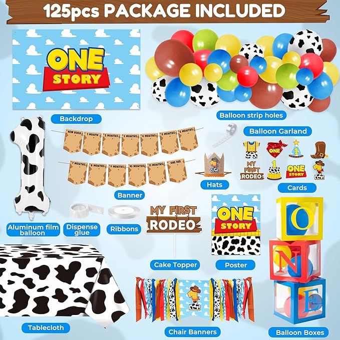 One Story Birthday Decorations for Boys - My First Rodeo Theme Party Favor for Baby Shower Decoration Include Birthday Hat Cake Topper Backdrop Tablecloth Photo Banner Arch Balloon Boxes Poster