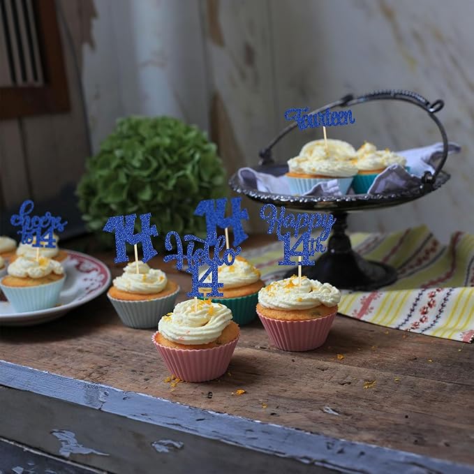 30Pcs 14th Birthday Cupcake Toppers Hello 14 Cupcake Picks Fourteen Cheers to 14 Years Old Cake Decorations for 14th Birthday Anniversary Party Supplies Deep Blue Glitter
