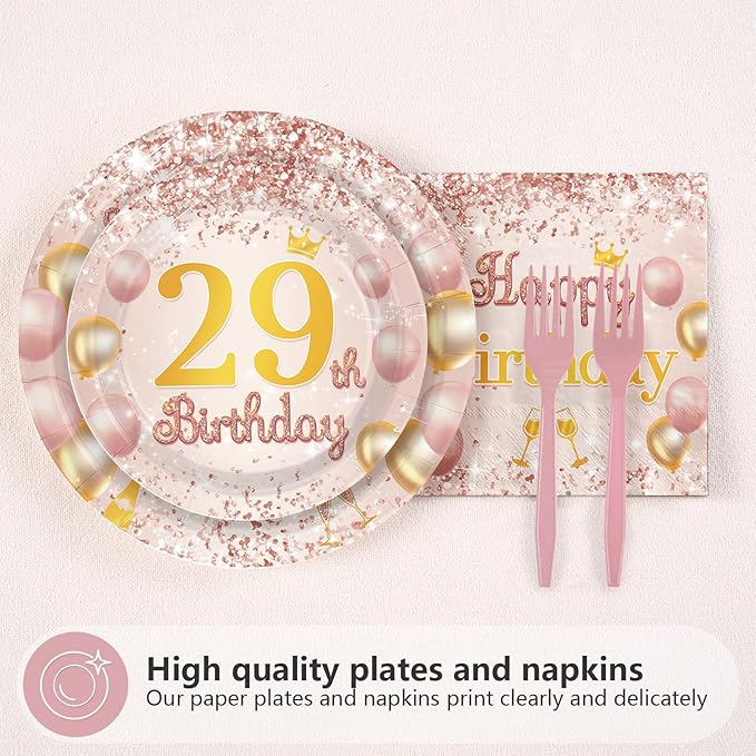 96Pcs 29th Birthday Party Decorations for Women Rose Gold 29th Birthday Plates and Napkins Last Year In My 20s Decorations for Women Lady Her Cheers to 29 Years & 29 Fabulous Party Supplies Serves 24