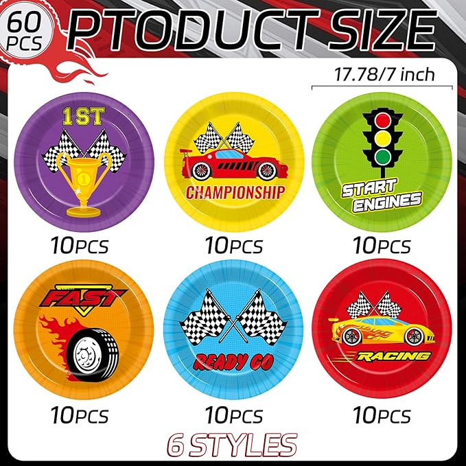 CHUNNIN 60Pcs Race Car Party Paper Plates for Party Decorations 7in Racing Sports Dessert Plates Disposable Tableware Dinnerware Set for Baby Shower Boys Birthday Racing Themed Party Supplies