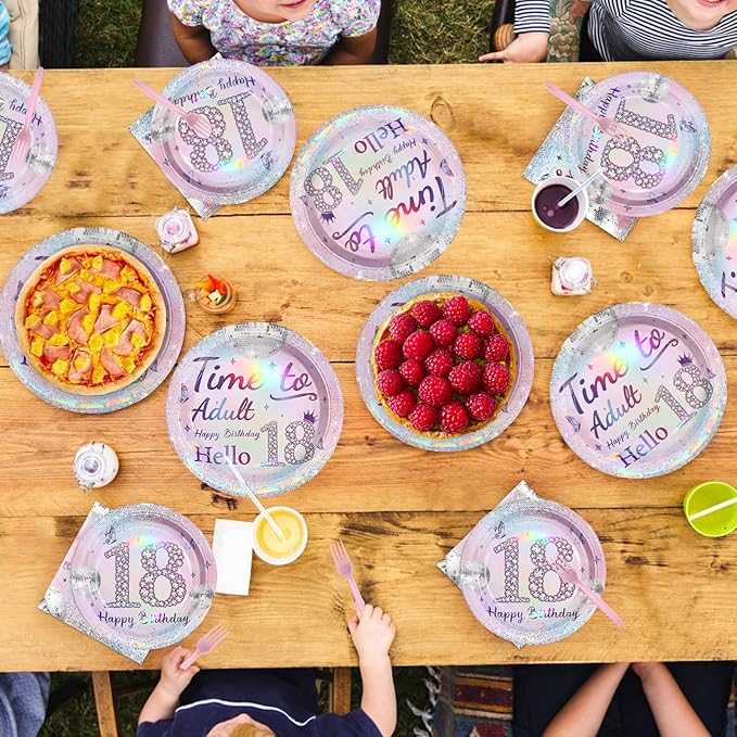 96Pcs 18th Birthday Party Decorations for Girls Time to Adult Plates and Napkins Iridescence Silver Pink 18th Tableware for Girls Time to Adult Eighteen Birthday Party Decorations Serve 24