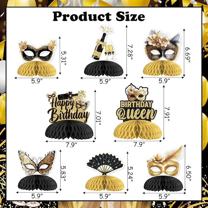 JOYMEMO 8 Pieces Masquerade Birthday Honeycomb Centerpieces Black Gold - Masquerade Ball Themed Party Decorations for Women, Carnival Dance Table Toppers Photography Background Supplies