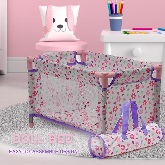 Baby Doll Stroller Bed and Swing Nursery Playset, Baby Doll Accessories Furniture Set Convertible High Chair Diaper Bag Role Play Deluxe Purple Doll Set