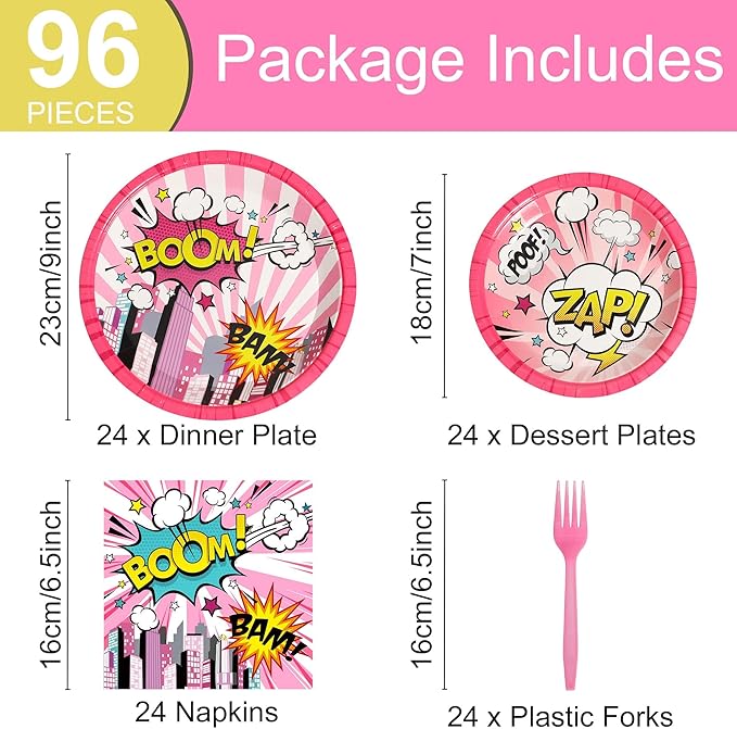 96 Pcs Super Girl Hero Plates and Napkins Party Supplies Pink Comic Heroes Tableware Set Super Theme Hero Party Decorations Favors for Girl Birthday Baby Shower Serves 24