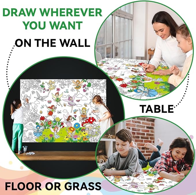Fairy Garden Coloring Poster for Kids Giant Spring Coloring Poster Large Fairy Party Flower Coloring Tablecloth Jumbo Coloring Books for Kids Classroom Home Birthday Party Supplies Favor