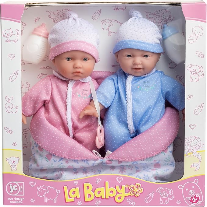 JC Toys La Baby 11" Soft Body Twin Baby Dolls – Removable Outfits and Reversible Sleeping Bag & Accessories– Small Baby Doll Toys for Children 12 Months +