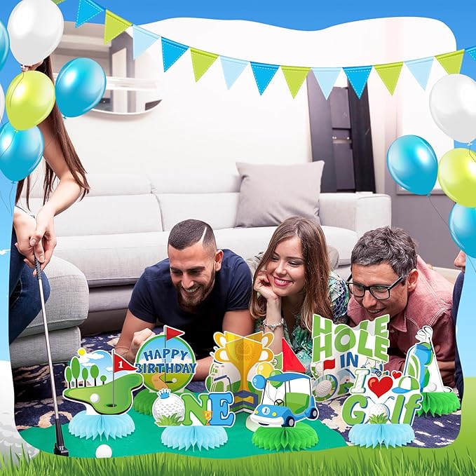 12 Pcs Golf Birthday Party Decoration 1st Hole in One Honeycomb Table Centerpieces Green White Golf Table Decoration Topper Birthday Party Favors Supplies