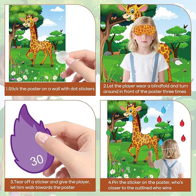 PLULON Pin The Tail on The Giraffe Party Game, Birthday Games Big Giraffe Poster with Tail Stickers for Zoo Animal Party Favors Wall Decorations Birthday Activities Jungle Party Supplies
