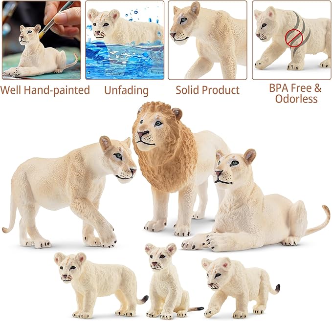 Toymany 6PCS White Lion Figurines with Lion Cubs, 2-5" Wild Life Jungle Animals Figures Realistic Family Set Includes Baby Lions, Educational Toy Cake Toppers Easter Birthday Present for Kids
