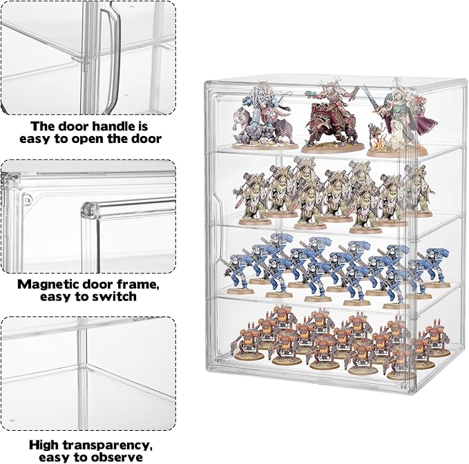 Clear Acrylic Miniature Storage Case with Magnetic Door for Collectibles Stackable Miniature Carrying Case Transport Action Figure Display Case for Warhammer 40k Miniatures, Death Guard 40k