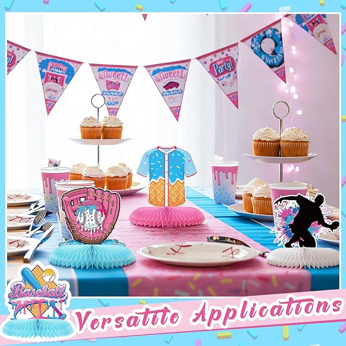 Marspark 12 Pcs Ice Cream Drip Baseball Birthday Party Decoration Baseball Drip Table Centerpieces Ice Cream Honeycomb for Table Party Supplies for Kids Boys Birthday Baby Shower Favors
