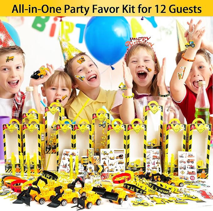 Construction Party Favors Pack - For 12Guests, Construction Birthday Party Decorations Supplies, Construction Theme Toys for Goodie Bag Stuffer, Pinata Filler Gifts