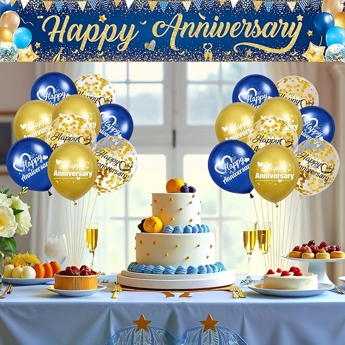 Happy Anniversary Banner Decorations Navy Blue Gold Happy Anniversary Yard Banner Sign with 18pcs Happy Anniversary Balloons Confetti Set for Men Women Wedding Party Supplies Decor