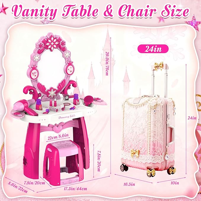 Toddler Vanity Kids Vanity Table and Chair Set, Girls Makeup Table with Mirror Lights & Music, Pretend Play Dress Up Toys with Hair Dryer, Princess Crown & Wand, Storage Bag, Gifts for Girls Age 3 4 5