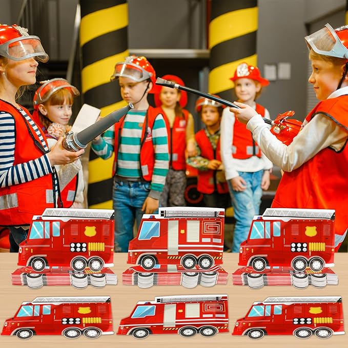 50 Pcs Firetruck Birthday Party Plates Fire Truck Shaped Disposable Plates Fireman Paper Plates Firefighter Dessert Plates for Firetruck Birthday Fireman Baby Shower Firefighter Table Party Supplies