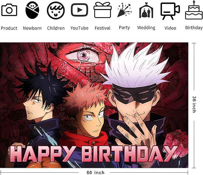 Cartoon for Jujutsu Manga Kaisen Happy Birthday Backdrop Birthday Party Supplies Kawaii Background for Boys Girls,Happy Birthday Banner Backdrop for Kids Party Decorations(5x3ft).