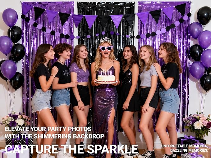 3 Packs Purple Black Foil Fringe Curtains, Birthday Party Decorations Backdrop Tinsel Steamer, Wedding Engagement Bridal Shower Party Decorations Retirement Decor Graduation Party Backdrop