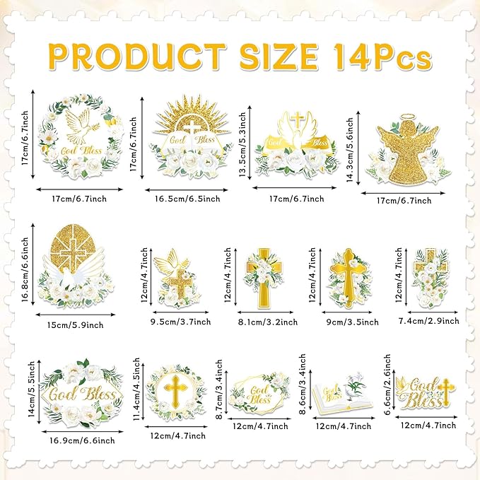 party greeting 14Pcs White Gold Floral Decoration Honeycomb Centerpieces God Baptism Decoration God Bless Centerpieces for Table Decoration First Communion Party Supply Centerpieces Double Side Table