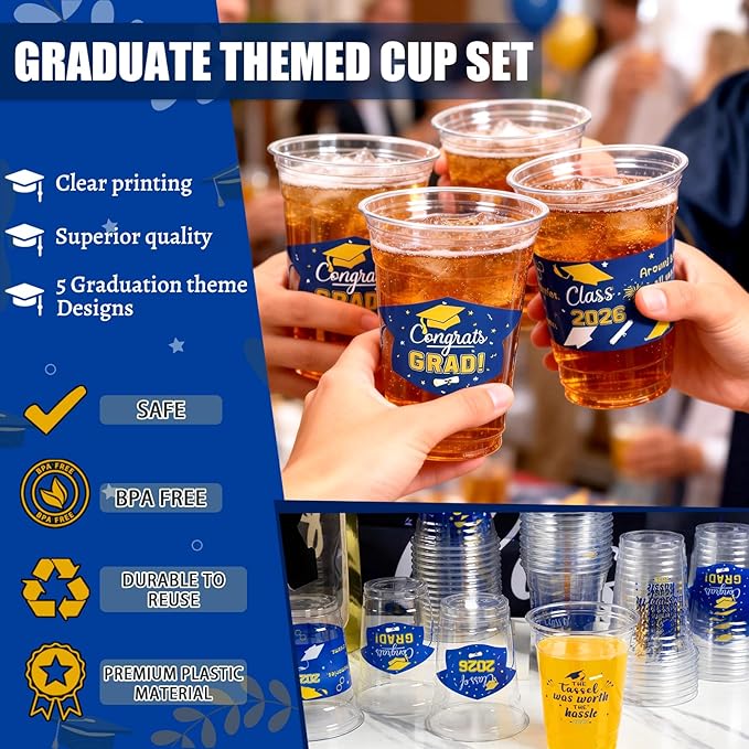 GuassLee Blue and Gold Graduation Decorations 2026 Party Cups - 50pcs 12 Oz Blue Gold Yellow Disposable Graduation Plastic Cups for Drinks Class of 2026 Grad Party Favors Supplies