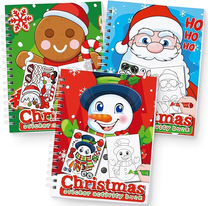 Omgouue Christmas Sticker Coloring Books 3-Pack,Christmas Toys Activity Pad for Kids Toddlers Ages 2-8(30 Scenes)