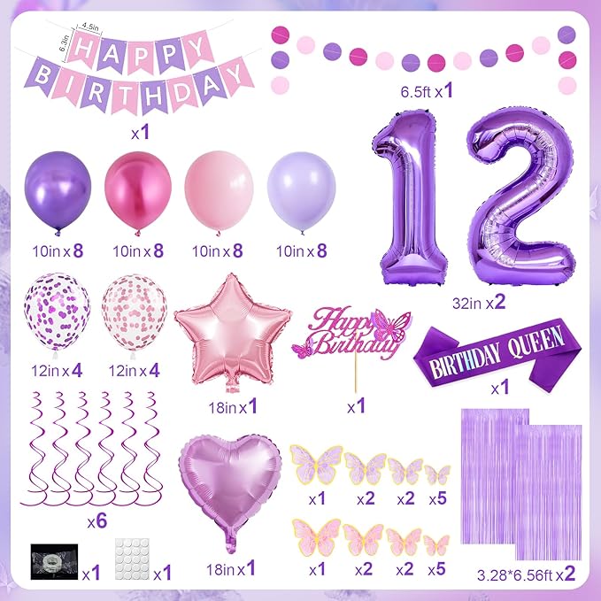 12th Purple Birthday Decorations for Girls, Pink and Purple Happy 12 Birthday Party Decorations with Happy Birthday Banner, Number Foil Balloons, Butterfly Cake Topper for 12th Party Supplies