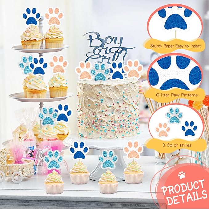 36 Pcs Paw Cupcake Toppers Glitter Dog Paw Cake Decorations 3 Colors Glitter Puppy Cupcake Toppers for Baby Shower Boys Girls Birthday Party Cake Supplies (Light Blue Blue and Orange)