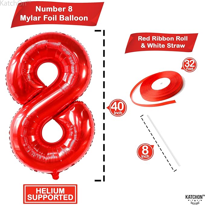 KatchOn, Giant, Red 8 Balloon Number - 40 Inch | Red 8 Balloon, 8th Birthday Decoration Boy | 8 Year Old Balloon, 8 Year Old Birthday Decorations | Number Balloons for Anniversary Decorations