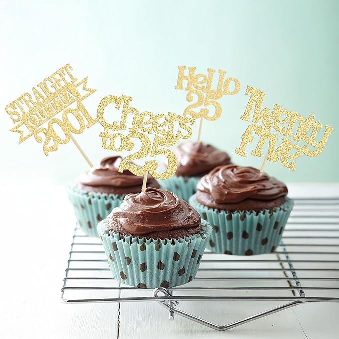 Ephlyn 24Pcs 25th Birthday Cupcake Toppers Glitter Straight Outta 2001 Cupcake Picks Hello 25 Cheers to 25 Years Cake Decorations for 25th Birthday Anniversary Party Decorations Supplies Gold