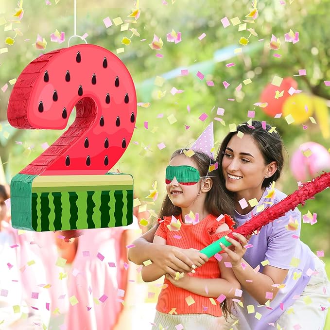 Watermelon Piñata Fruit Number 2 Red Watermelon 2nd Birthday Piñata with Bat Stick Blindfold Mask Confetti for Summer Birthday Party Supplies(2)