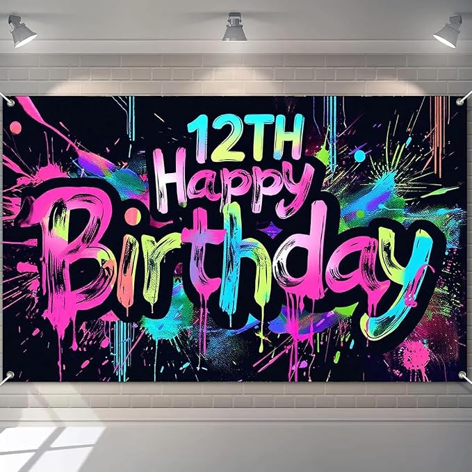Neon 12th Happy Birthday Banner 71x43 Inch Paint Splatter Glow in The Dark Party Backdrop Colorful Wall Decor for Kids Boys Girls Twelfth Birthday Celebrations Photo Booth Props Event