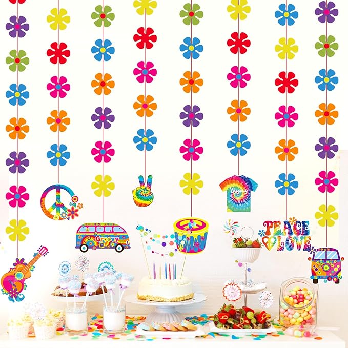 Duraaamo 8 Pcs 60's Hippie Paper Garland Kit Decoration Groovy Retro Flower Ceiling Hanging Banner Tie Dye Hanging Cutouts Groovy Hippie Party Supplies for 60s 70s Birthday Baby Shower Party Decor