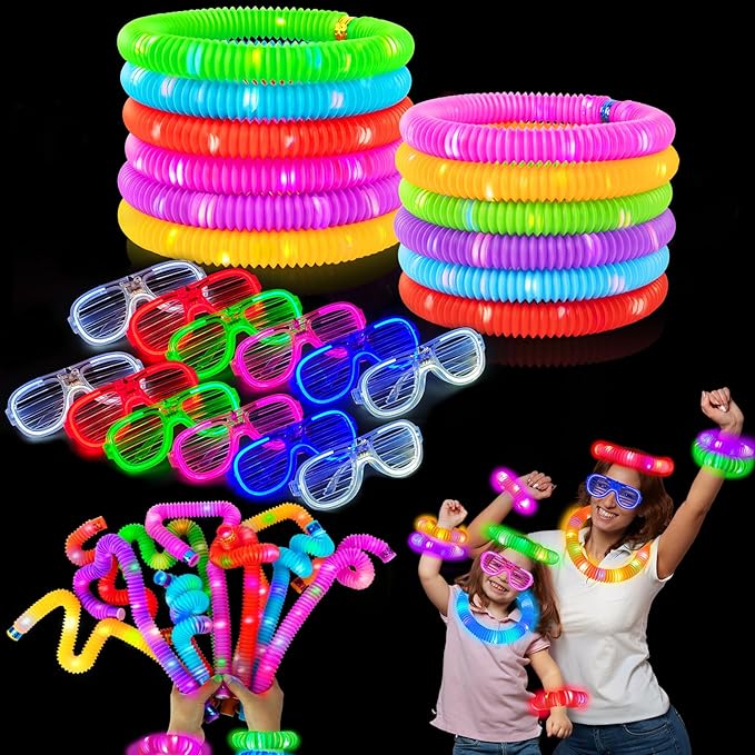 Glow in the Dark Party Favor Supplies for Kids 24 PCS, Easter Glow Sticks & Neon Glasses for Toddler,LED Light Up Toy Bracelet Necklace Accessories Decor for Mardi Gras Basket Camping Birthday Wedding