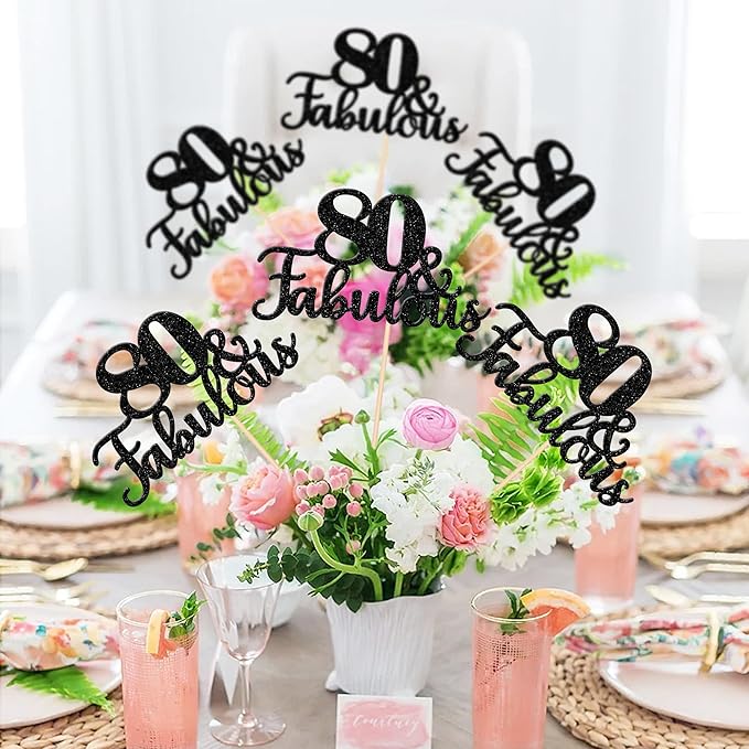 12 PCS 80 and Fabulous Centerpiece Sticks Double Sided Happy 80th Birthday Table Flower Centerpieces Sticks Cheers to 80 Floral Decorations for 80th Birthday Anniversary Party Supplies Black