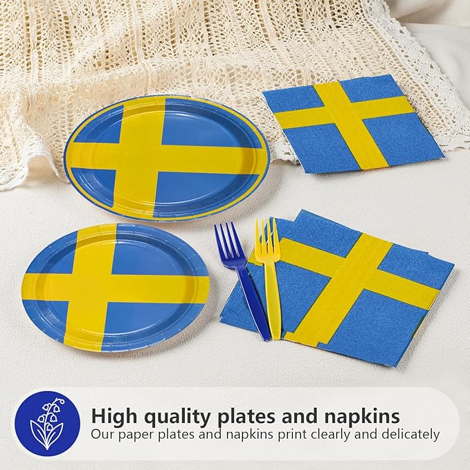 96 Pcs Sweden Flag Themed Party Decorations Disposable Swedish Paper Plates and Napkins Sweden Themed Tableware Set for Country Decoration School Sports Events Party Supplies, Serves 24