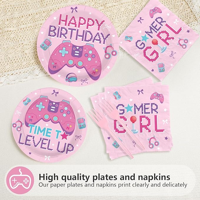 96Pcs Video Game Birthday Party Supplies Pink Game Birthday Plates and Napkins Teens Gaming On Level Up Tableware Set for Girls Kids Baby Shower Gamer Party Decorations Serves 24