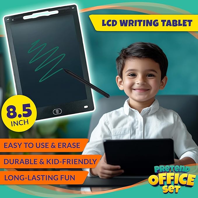 Pretend Play Home Office Set for Kids Ages 3-5-7 | Features Toy Laptop Computer, LCD Writing Tablet, Pop Fidget Calculator, Cell Phone, Headset & Toddlers Beverage Cup