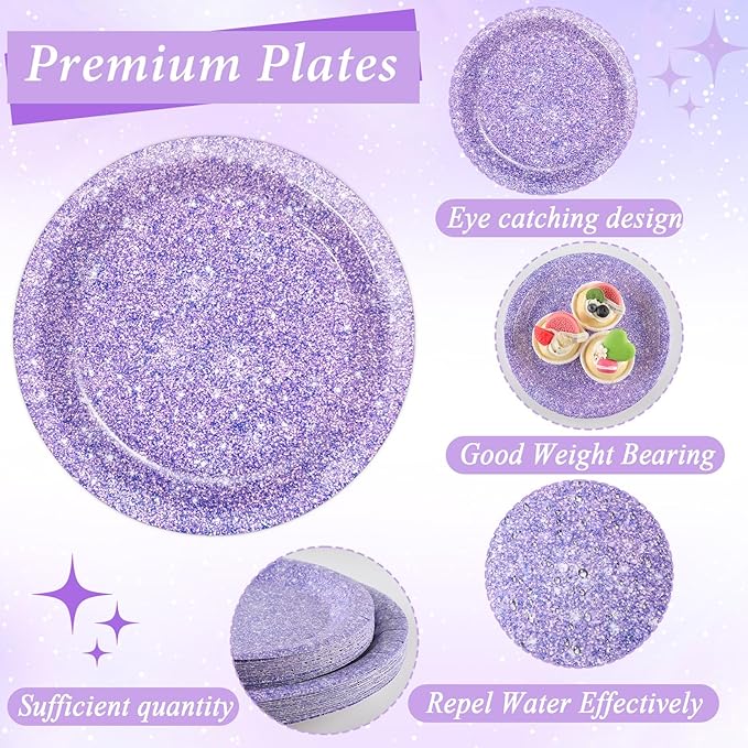 96PCS Purple Glitter Paper Plates and Napkins K-pop Purple Tableware Party Paper Plates Glitter Birthday Disposable Dinnerware Parties Set for Girl Women Sprinkle Wedding Anniversary Party Decorations