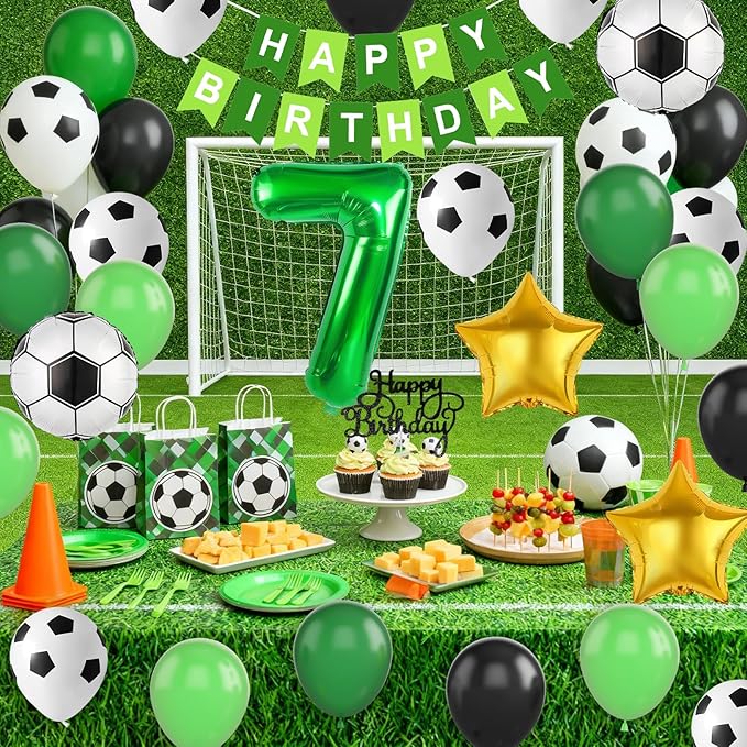 Soccer Party Decorations for Boys, 7th Soccer Birthday Decoration with Green Black White Balloons 'HAPPY BIRTHDAY' Banner Cake Toppers 32in Foil 7 Balloon for Boys Men Birthday Decor