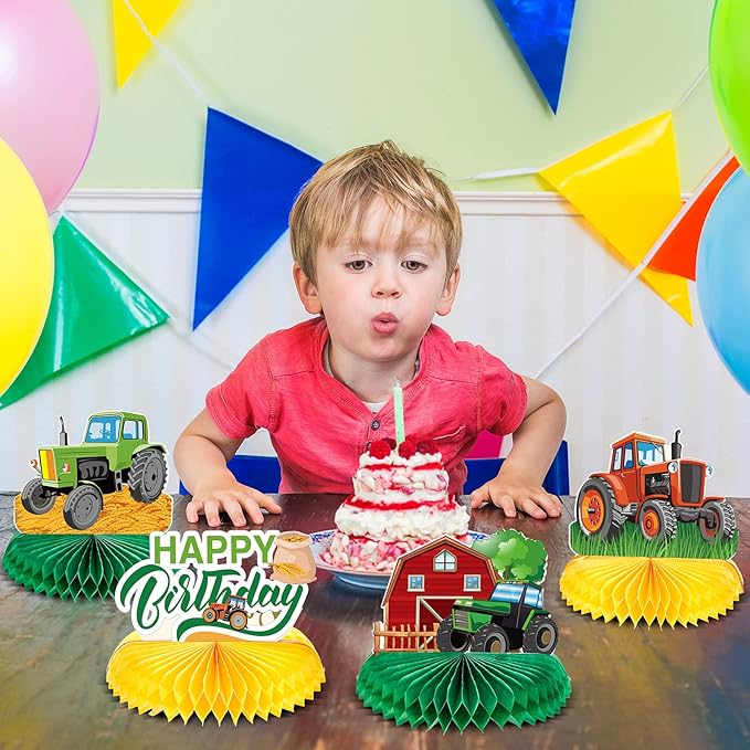 Zonon 6 Pieces Tractor Birthday Decorations, Tractor Honeycomb Table Centerpiece Party Supplies Farmhouse Decor for Tractors Birthday Party Supplies, 6 Designs