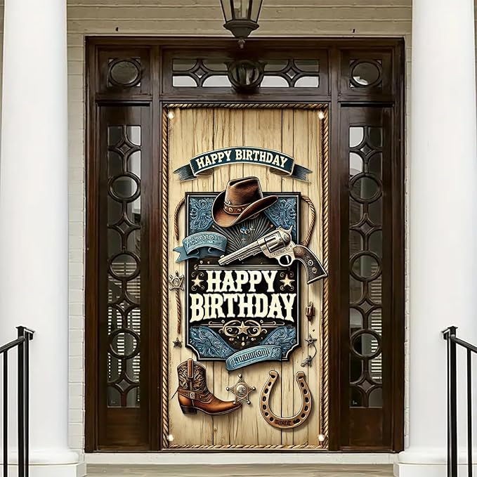 Western Cowboy Door Cover Banner 70 x 35 Inch Decoration West Boy Theme Door Cover Western Birthday Party Photography Background Decor Backdrop West Barn Door Sign Banner